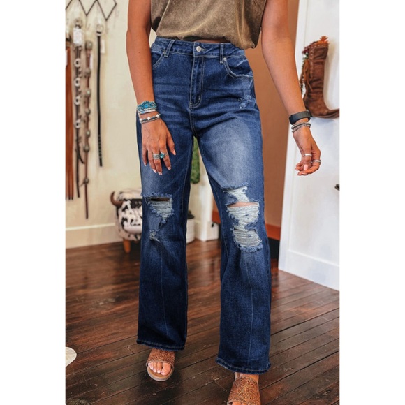 Stylish Blue Distressed Women High Waist Flare Leg Jeans Size 10 - Picture 1 of 9